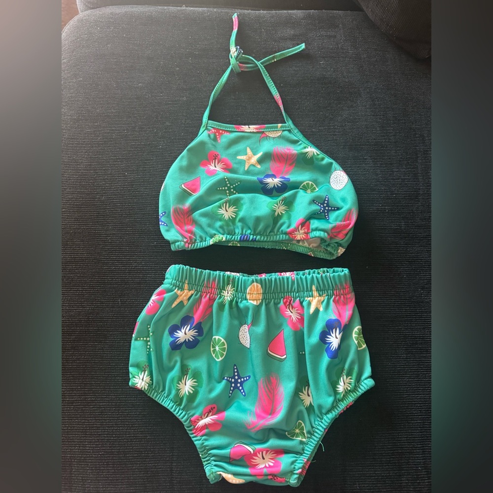 Source Unknown Kids Bikini - Green with Pink and Blue Patterns